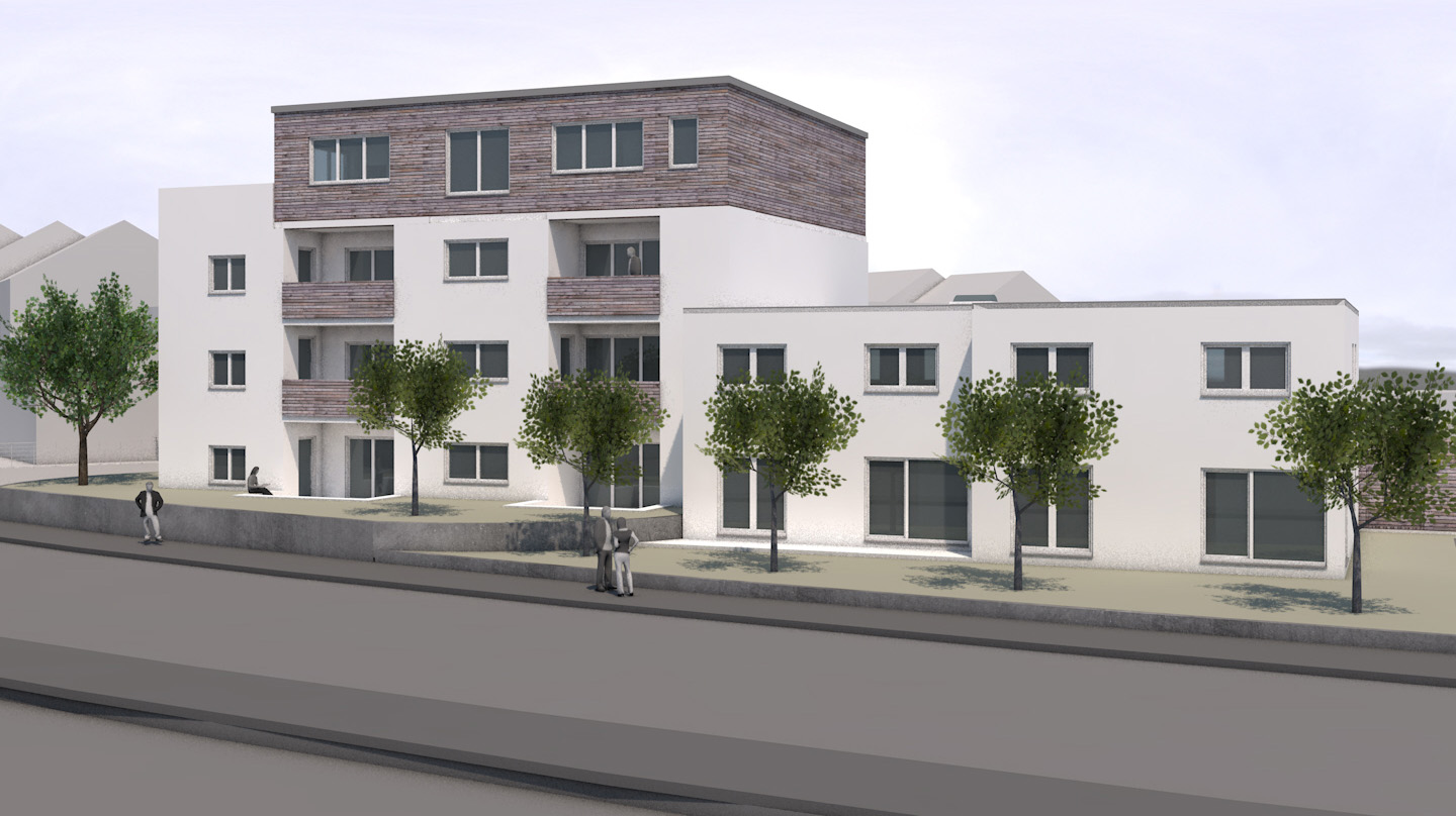 Rendering eines modernen Mehrfamilienhauses mit weißer Putzfassade, Staffelgeschoss in Holzbauweise und straßenseitiger Begrünung. Menschen sind in die Szene integriert und unterstreichen die soziale Ausrichtung des Projekts.