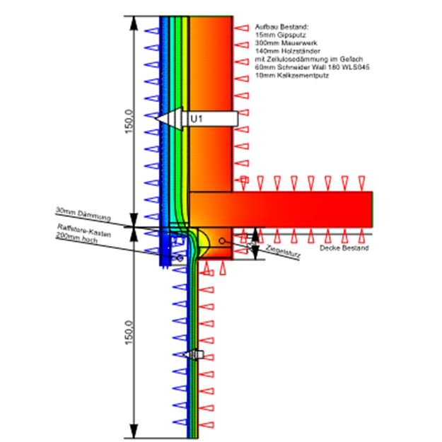 Technische Zeichnung eines Wand-Decken-Anschlusses mit farblicher Darstellung der Wärmebrückenberechnung und detaillierten Bauteilangaben.