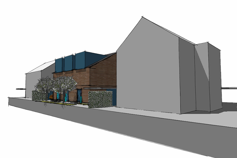 3D-Architekturmodell einer modernen Gebäudereihe mit Holzfassade, großen Fensterflächen und Begrünung im Eingangsbereich.