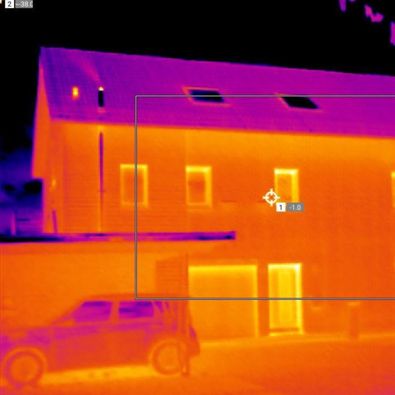 Thermografische Aufnahme eines Wohngebäudes zur Analyse der Wärmedämmung – zeigt Wärmeverluste und energetische Effizienz im Rahmen bauphysikalischer Untersuchungen.